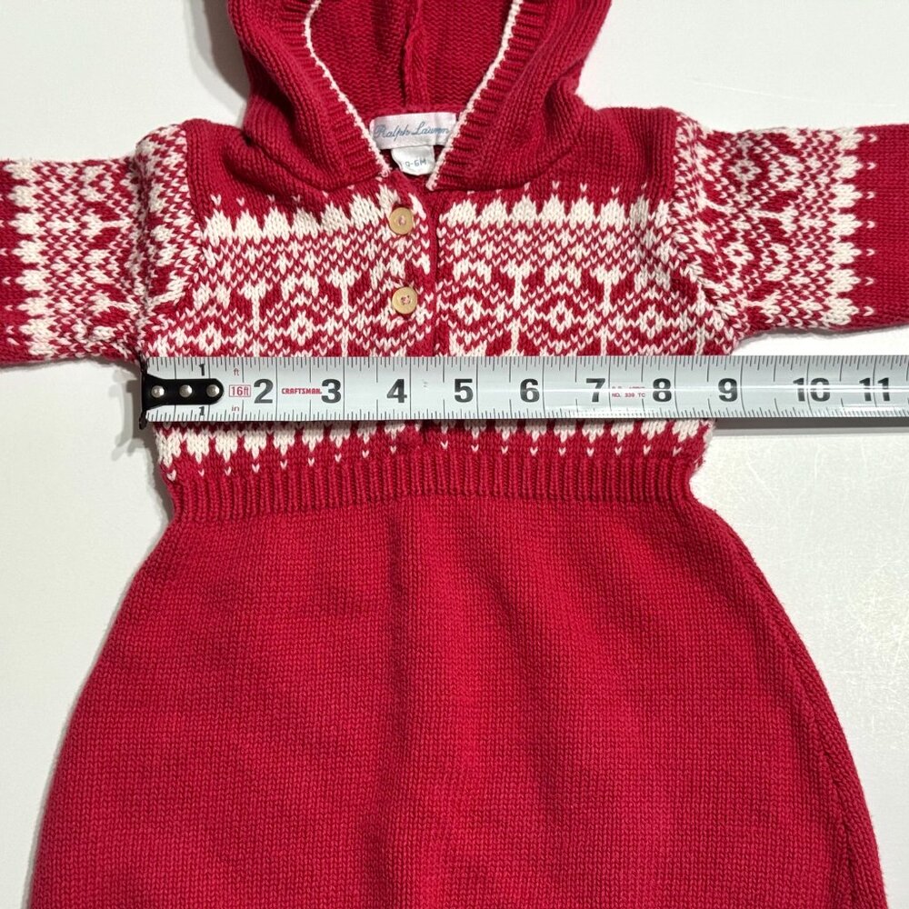 Ralph Lauren Baby Red Cotton Fair Isle Sweater Dress Hooded Holiday Christmas - Picture 11 of 12